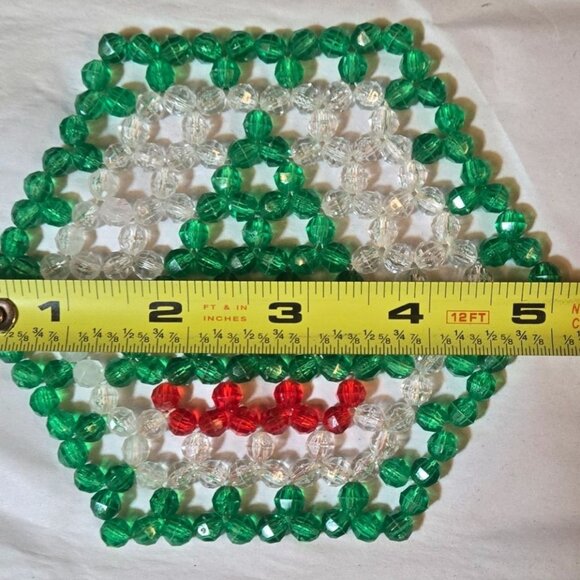 Vintage Beaded Christmas Tree Coasters Beaded Set Of 6 Green Red White - Picture 3 of 15